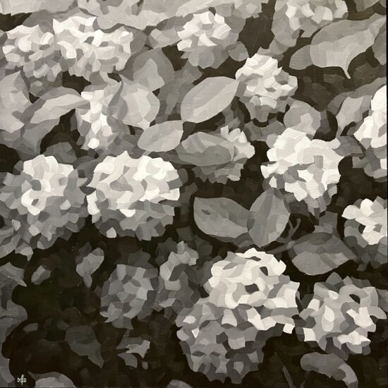 A grayscale, semi-abstract painting of hydrangeas with dramatic, high-contrast lighting