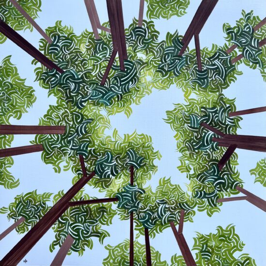 Semi-abstract oil painting of a forest overstory seen from below