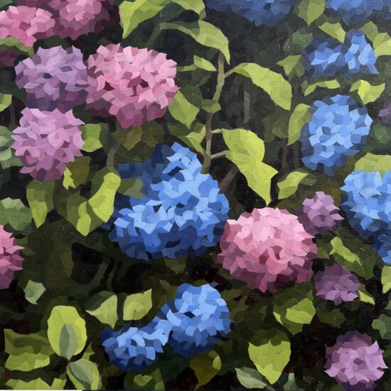 A colorful oil painting of hydrangeas