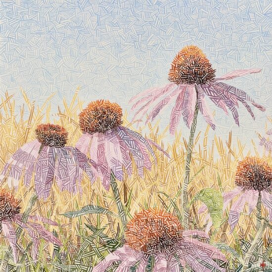 Semi-abstract oil painting of purple coneflowers against a field of sky and grasses