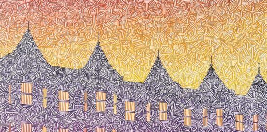 Geometric, semi-abstract depiction of row houses against a dawn sky